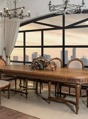 法式复古实木家用椭圆形餐桌美式乡村做旧罗马柱别墅客厅饭桌定制