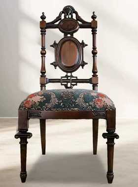 实木美式雕花餐椅做旧罗马柱高端定制书椅复古中古法式梳妆椅定制