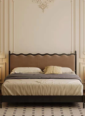 法式复古实木床软包床中古黑色双人床设计师波浪主卧美式婚床