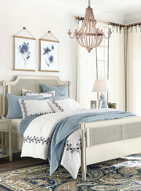 新品法式乡村复古白色藤编床主卧大床美式实木橡木雕花双人床家具