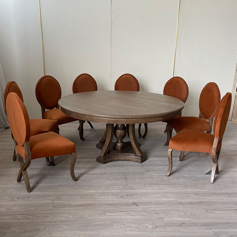 美式乡村实木圆桌法式复古做旧小户型餐桌椅组合民宿橡木家具定制