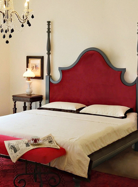 法式复古老巴黎罗马柱高背红色实木床美式乡村丝绒布艺双人床