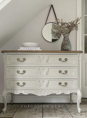 法式乡村白色雕花实木三斗柜美式仿古做旧卧室收纳柜高端整装定制