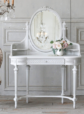 法式复古实木藤编化妆台雕花白色小型橡木梳妆桌罗马柱整装化妆柜
