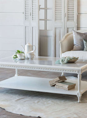 美式乡村大理石茶几法式复古做旧实木咖啡桌白色木质雕刻整装家具