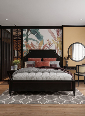 美式现代简约黑色实木床法式复古公主床双人床1.8米主卧大床