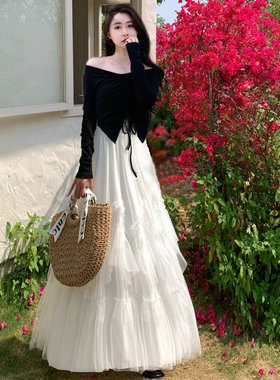 原创设计高个子新款四季款送裙撑白色仙女半身裙纱裙