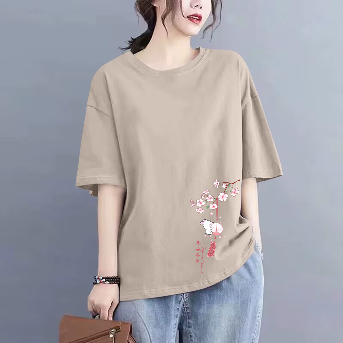 外贸原单女装纯棉短袖T恤衫夏2025新款时尚复古印花宽松休闲上衣