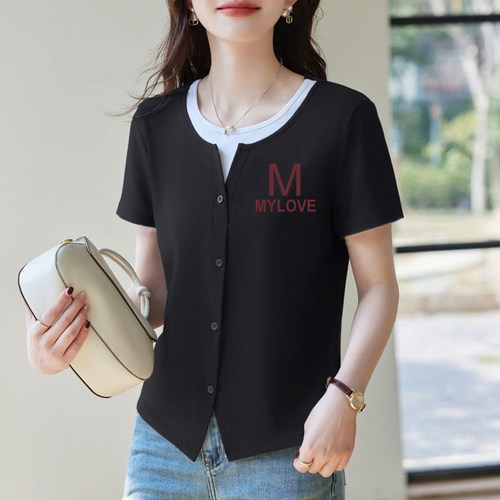 时尚假两件纯棉短袖t恤女夏上衣