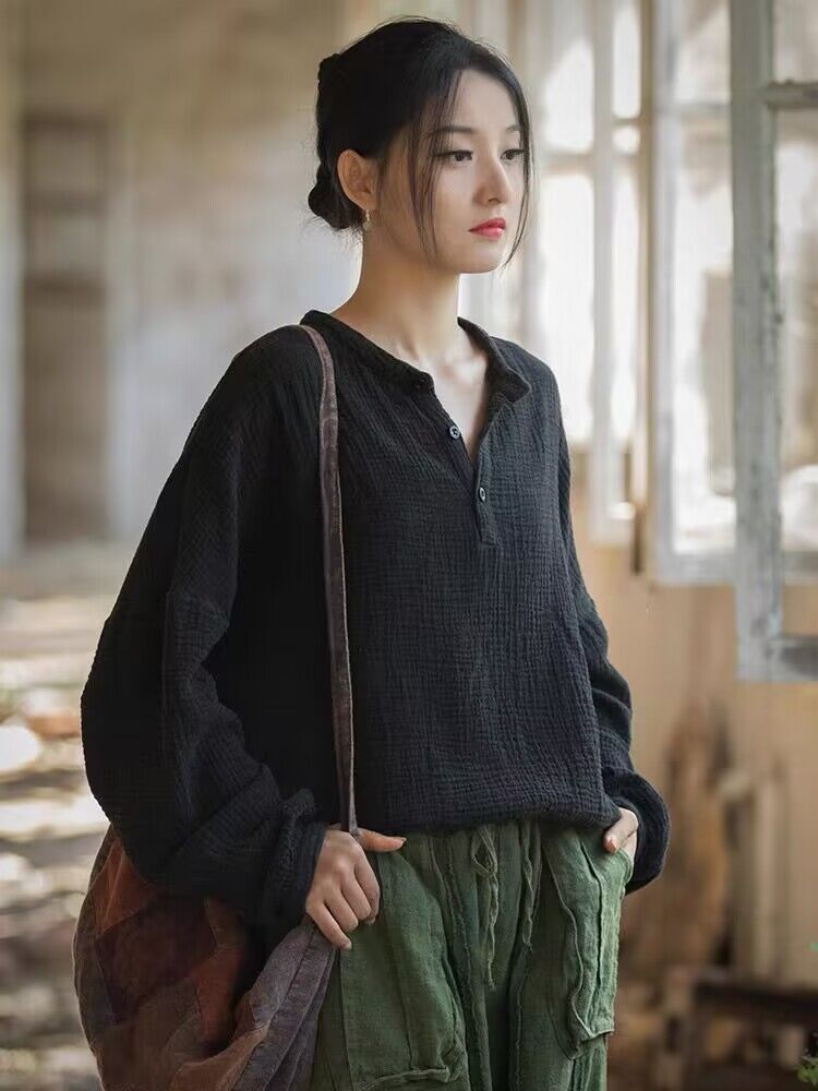 棉麻女装新款炒色做旧自然设计款长袖文艺女式T恤