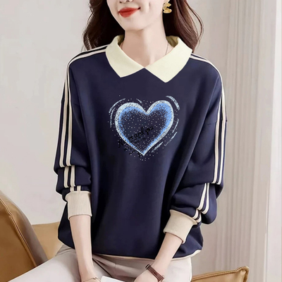 秋冬纯棉翻领上衣长袖卫衣打底衫