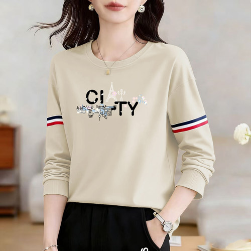 休闲纯棉长袖T恤女洋气拼色上衣