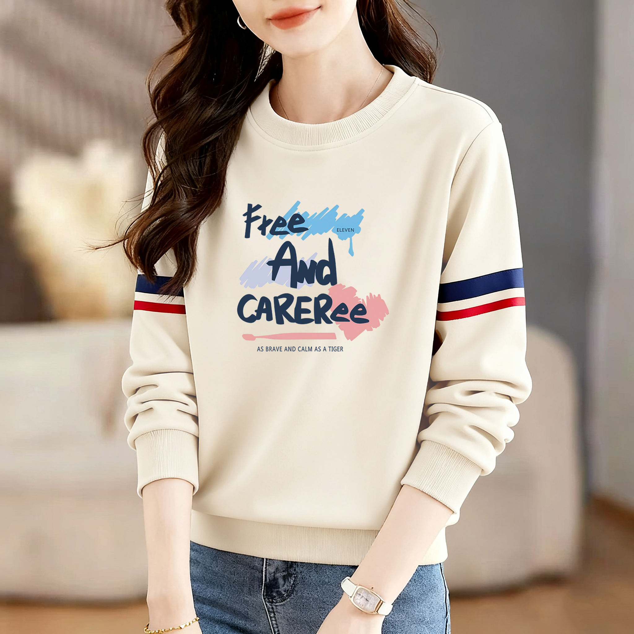 时尚撞色纯棉卫衣女秋打底衫上衣