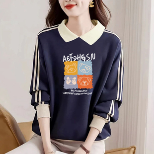 春季 卫衣宽松POLO领打底衫 上衣 休闲翻领纯棉长袖 品牌外贸出口女装