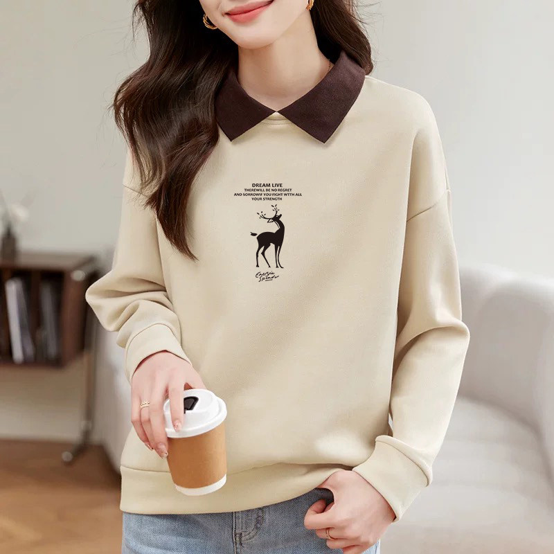 外贸原单文艺纯棉长袖T恤女士高级感翻领上衣秋季宽松POLO衫卫衣,女装/女士精品,大码内搭,淘宝优惠券,粉丝福利购,淘宝优惠卷