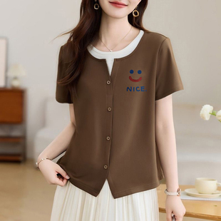 简约体恤衫 t恤洋气假两件纯棉上衣夏季 圆领正肩短袖 外贸原单女装