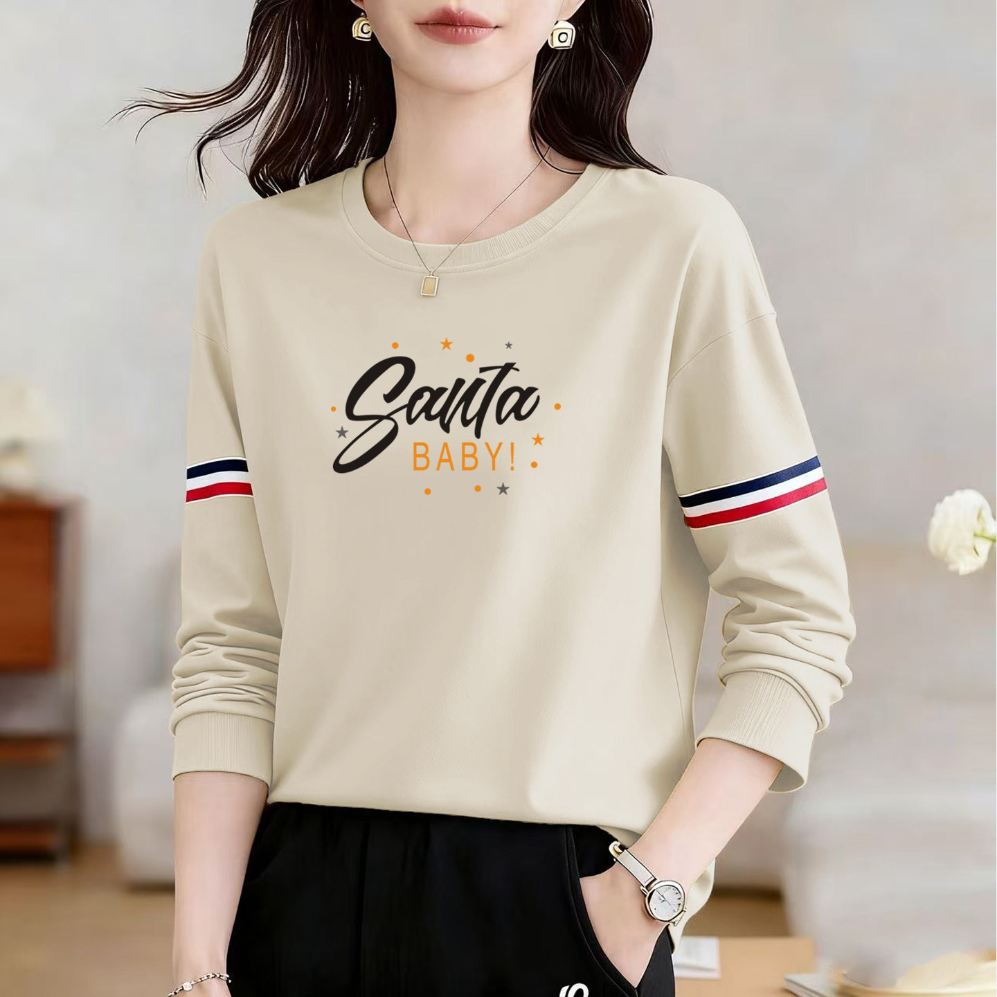 休闲风长袖印花T恤女宽松显瘦圆领打底衫洋气上衣,女装/女士精品,大码内搭,淘宝优惠券,粉丝福利购,淘宝优惠卷