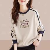 外贸出口拼色长袖 卫衣女打底衫 时尚 品牌女装 减龄纯棉印花秋季 上衣