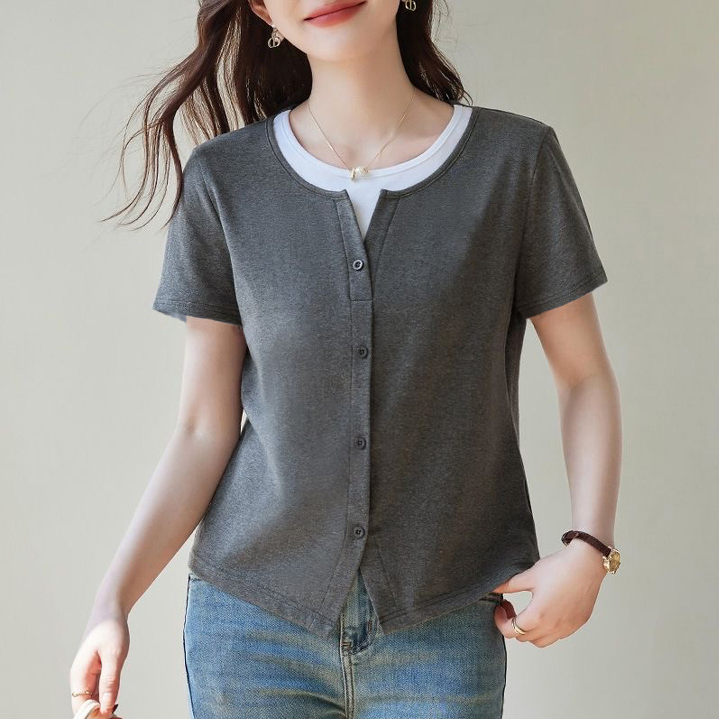 时尚潮流假两件纯棉短袖t恤女2026夏季新款圆领正肩显瘦上衣小衫