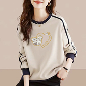 洋气拼接全棉长袖 纯棉上衣女圆领百搭打底衫 卫衣 秋季 外贸原单女装