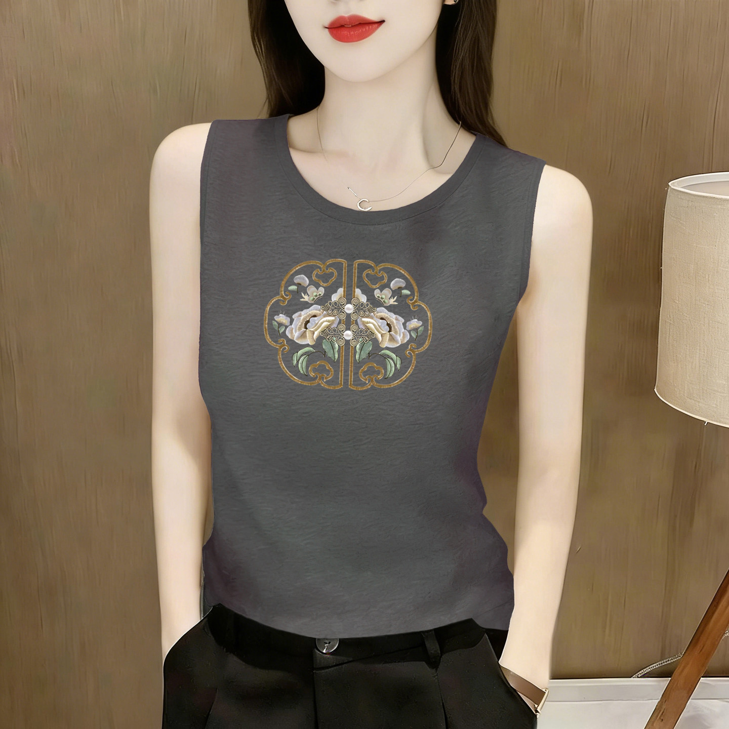 洋气印花纯棉背心女夏无袖T恤宽松内搭上衣洋简约通勤吊带打底衫