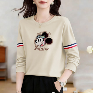 春季新款纯棉长袖T恤女宽松显瘦时尚内搭打底衫洋气拼色正肩上衣