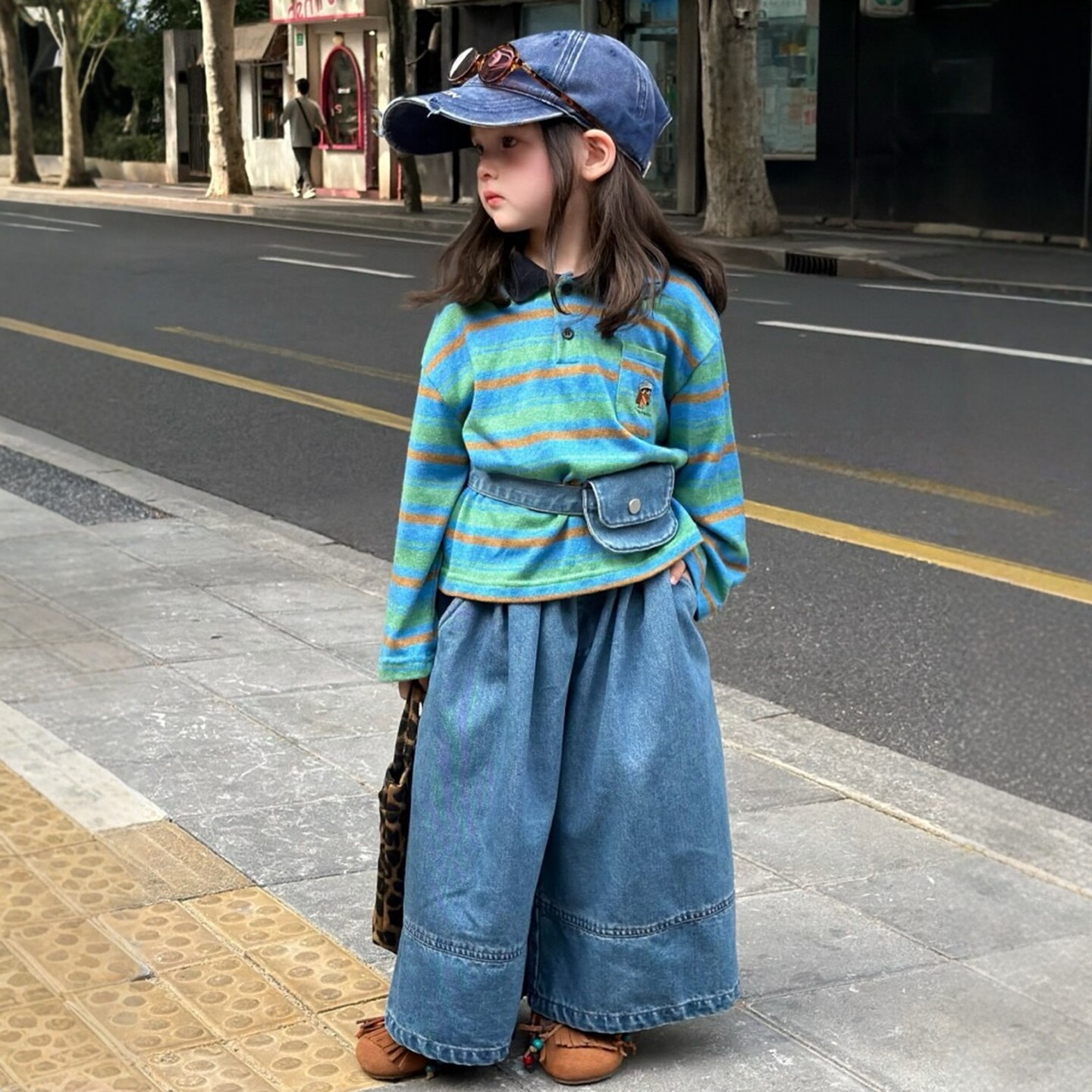 专柜女童春秋条纹长袖阔腿裤套装图片