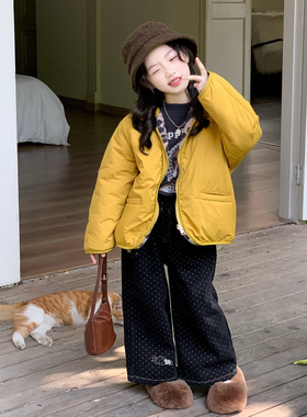 韩版童装女童加绒外套大衣2025冬装新款儿童洋气上衣黄色加厚棉服