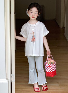 女童夏季卡通短袖T恤喇叭裤套装