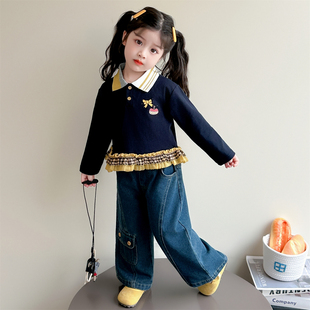 女童春季套装韩系新款儿童洋气巨好看polo衫卫衣小女孩牛仔裤春装