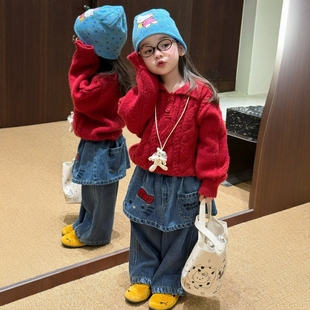 秋冬季女童复古森系洋气儿童宝宝加厚红色毛衣冬装加绒牛仔裤套装