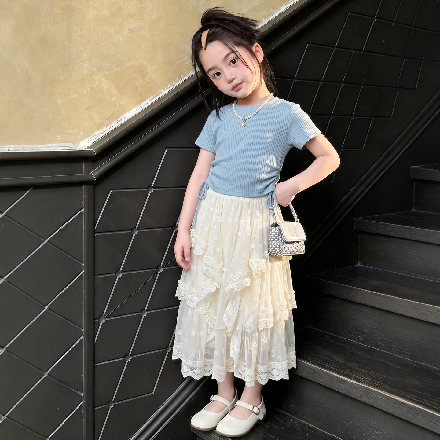 女童套装2026夏季新款儿童装甜美公主风短袖上衣蛋糕裙长裙两件套