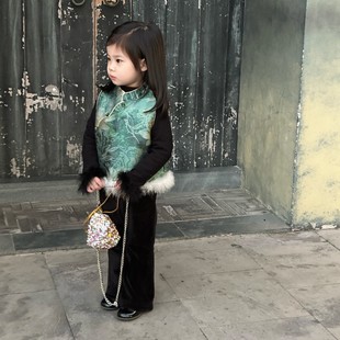 女童新中式拜年服加厚毛毛马甲三件套冬季中国风套装女宝宝新年装