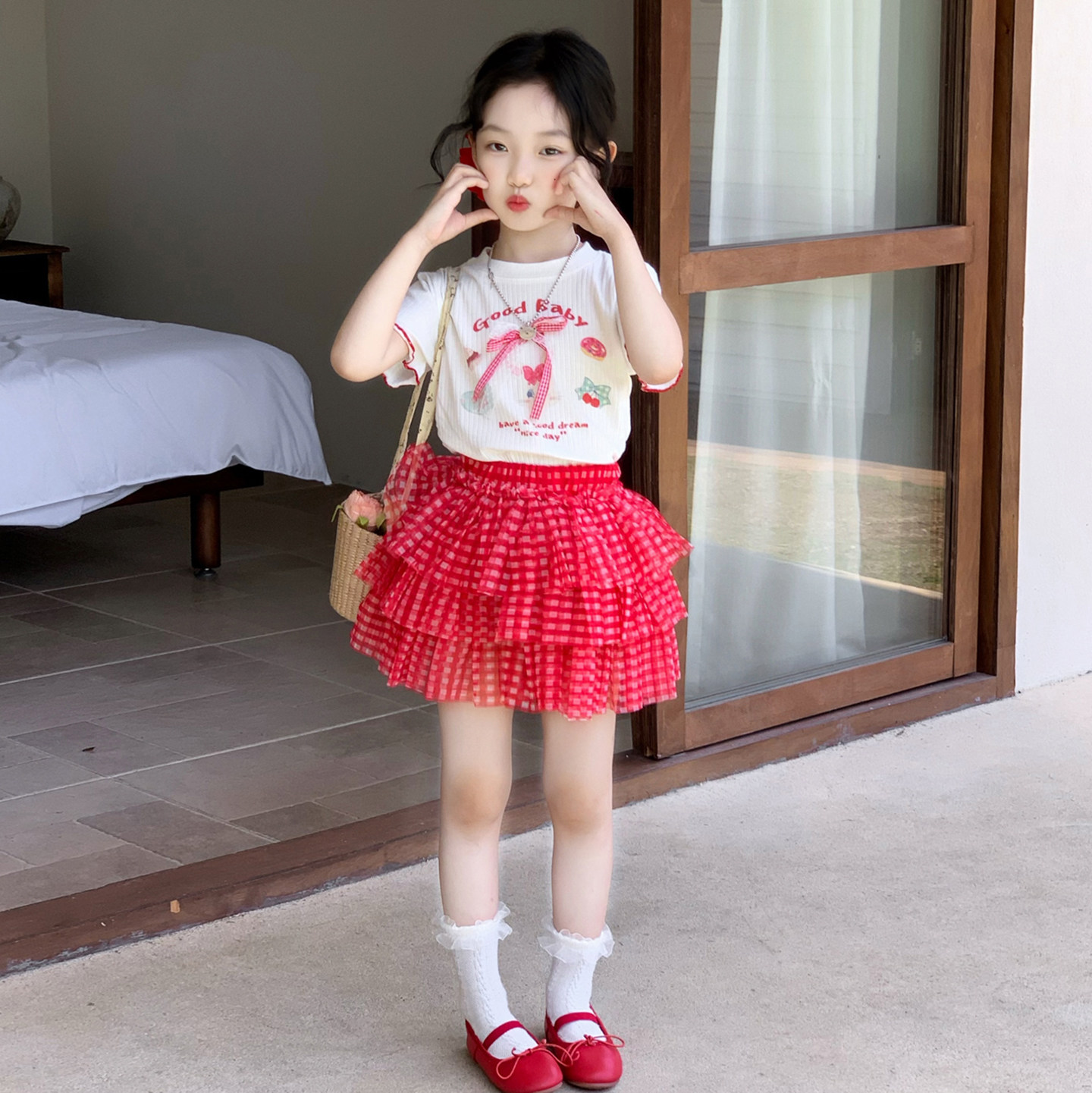女童夏季套装儿童卡通短袖T恤格子蛋糕裙两件套洋气时尚可爱休闲t