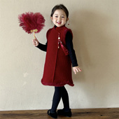 女童夹棉旗袍2026新春冬季 周岁礼服儿童新中式 背心裙宝宝红拜年服