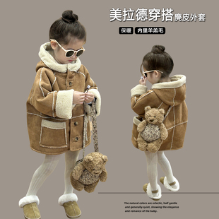 儿童加绒外套冬款男女童女宝宝麂皮绒加厚皮毛一体大衣小女孩冬装