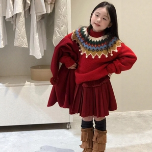 上衣 儿童女宝宝圣诞节穿搭针织衫 女童红色费尔岛毛衣秋冬季 25新款