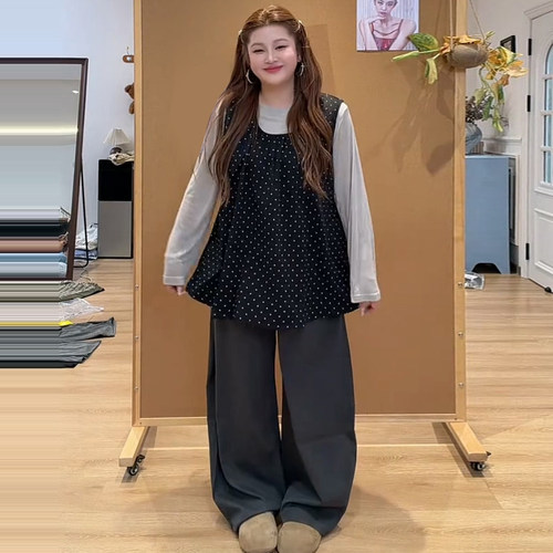 韩系减龄波点马甲打底衫阔腿裤女
