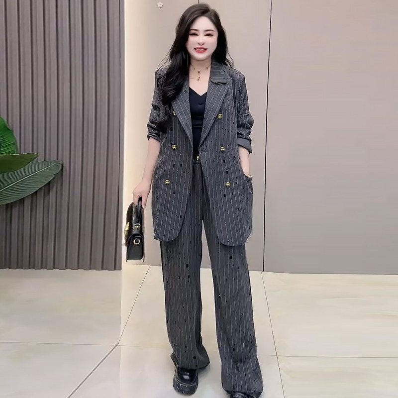 镂空西服外套休闲西裤子两件套胖mm2025早春新款显瘦宽松大码女装,女装/女士精品,大码套装,淘宝优惠券,粉丝福利购,淘宝优惠卷