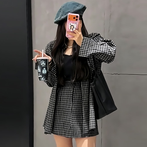 松弛感格子衬衫半身裙两件套装潮