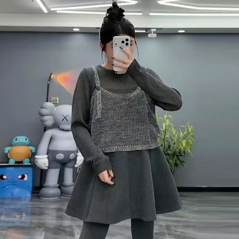 马甲假两件上衣休闲毛呢A字裙胖mm2025冬季新显瘦宽松大码女装潮