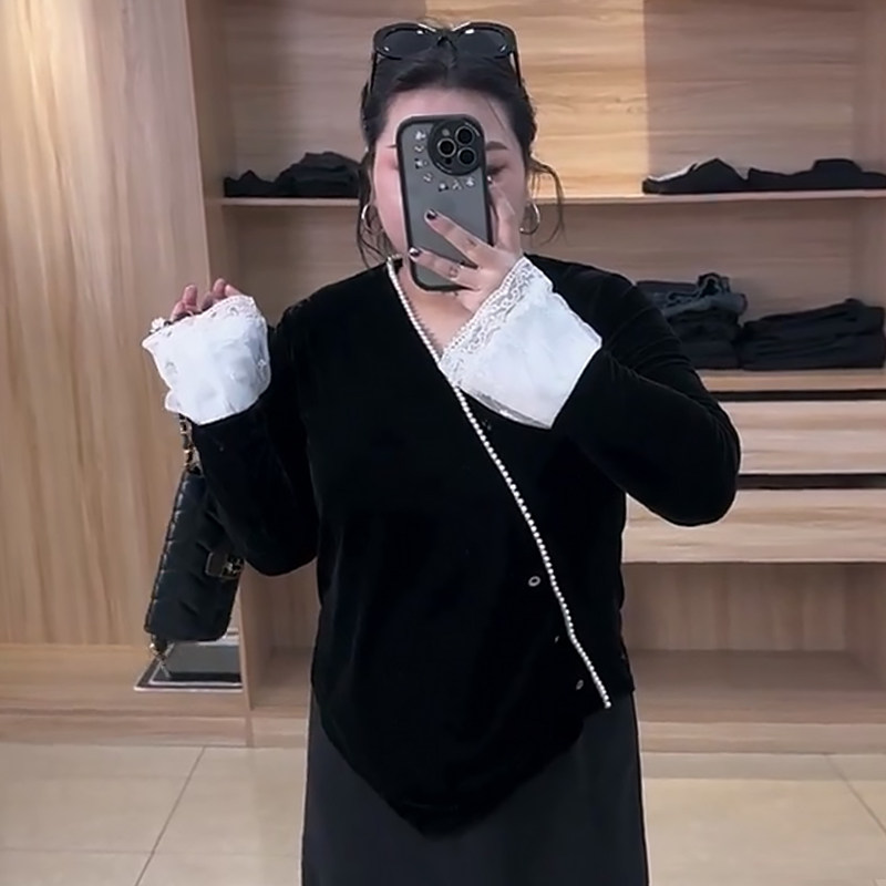 设计感珠边V领丝绒打底衫上衣胖mm2026春冬新款宽松大码显瘦女装,女装/女士精品,大码内搭,淘宝优惠券,粉丝福利购,淘宝优惠卷