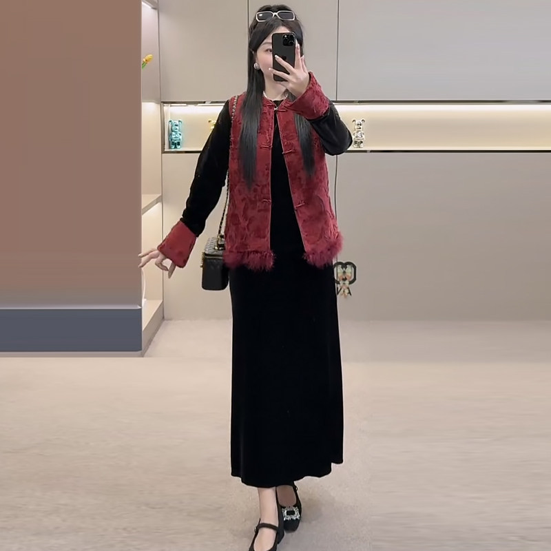 国风毛毛拼接马甲打底衫半身裙胖mm2026春冬新款显瘦宽松大码女装,女装/女士精品,大码套装,淘宝优惠券,粉丝福利购,淘宝优惠卷