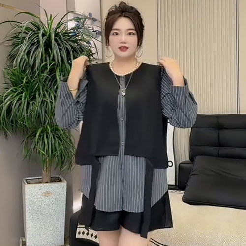 设计感飘带拼接假两件衬衫上衣潮