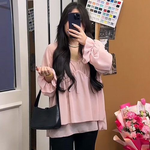 法式V领抽褶木耳边上衣女纱衫潮