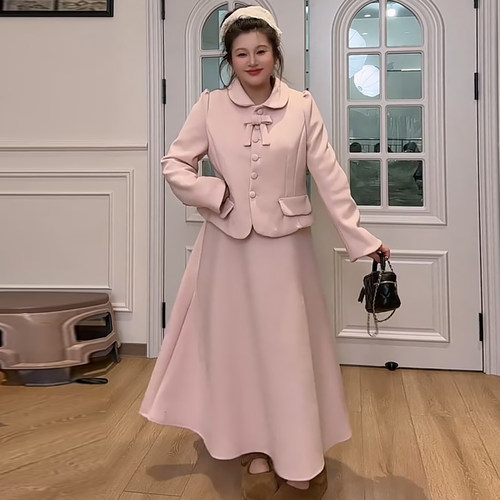 蝴蝶结加棉毛呢外套A字半身裙子