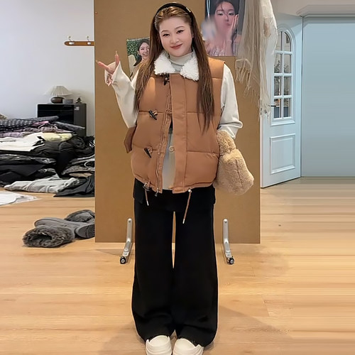 复古风羊羔毛领棉服马甲加绒女裤
