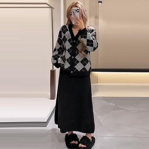 大码针织毛衣外套半身裙女装套装