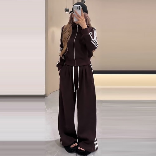 韩系条纹立领短卫衣外套阔腿裤子