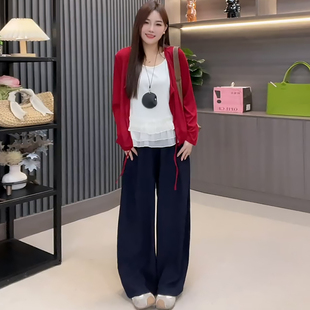 大码百搭开衫外披吊带背心女裤套装胖mm2026春季新款显瘦宽松女装